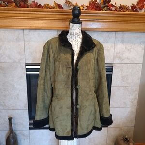 Regent Park Large Winter Coat Faux Suede Olive Green And Brown Trim.